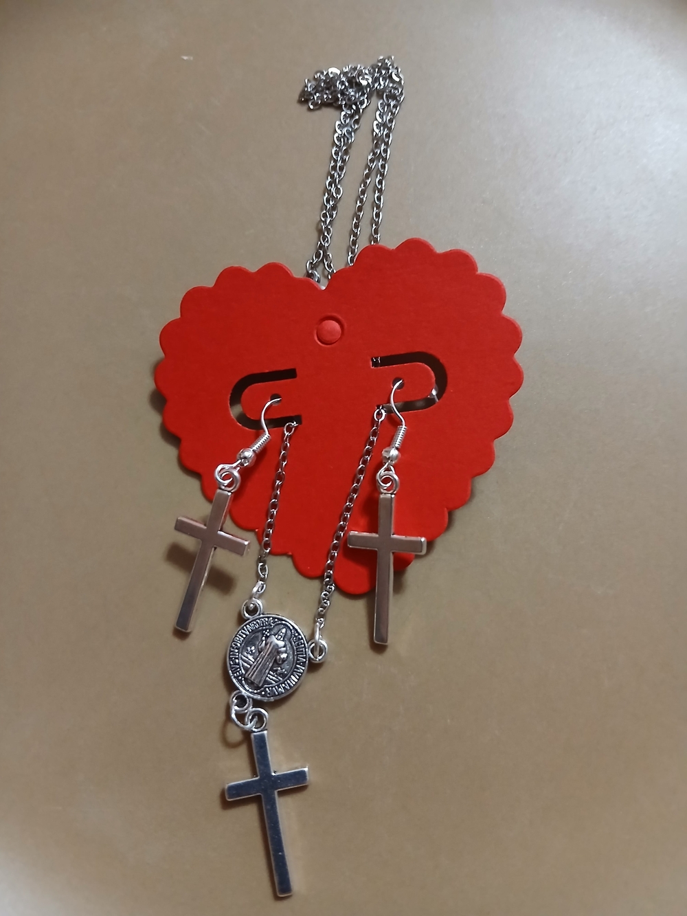 Silver St. Benedict Cross Necklace and Matching Dangle Cross Earrings